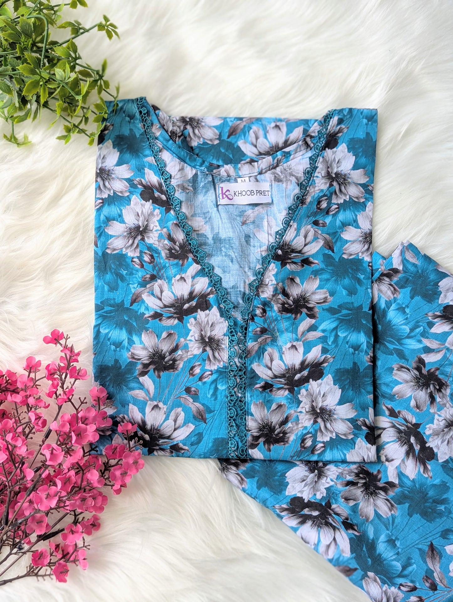 Sea Blue Florals Lawn Stitched 2pc