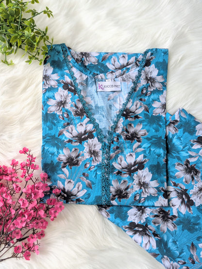 Sea Blue Florals Lawn Stitched 2pc