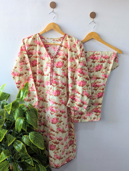 Pinkish Petals Lawn Stitched 2pc