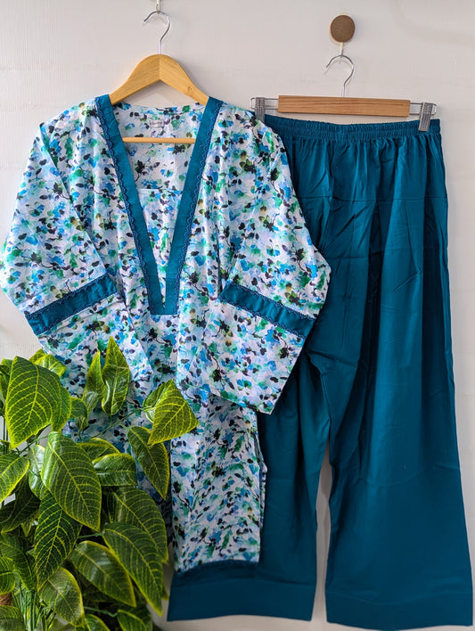 Sea Blue Lawn Farshi Shalwar Set - 2pc Dress