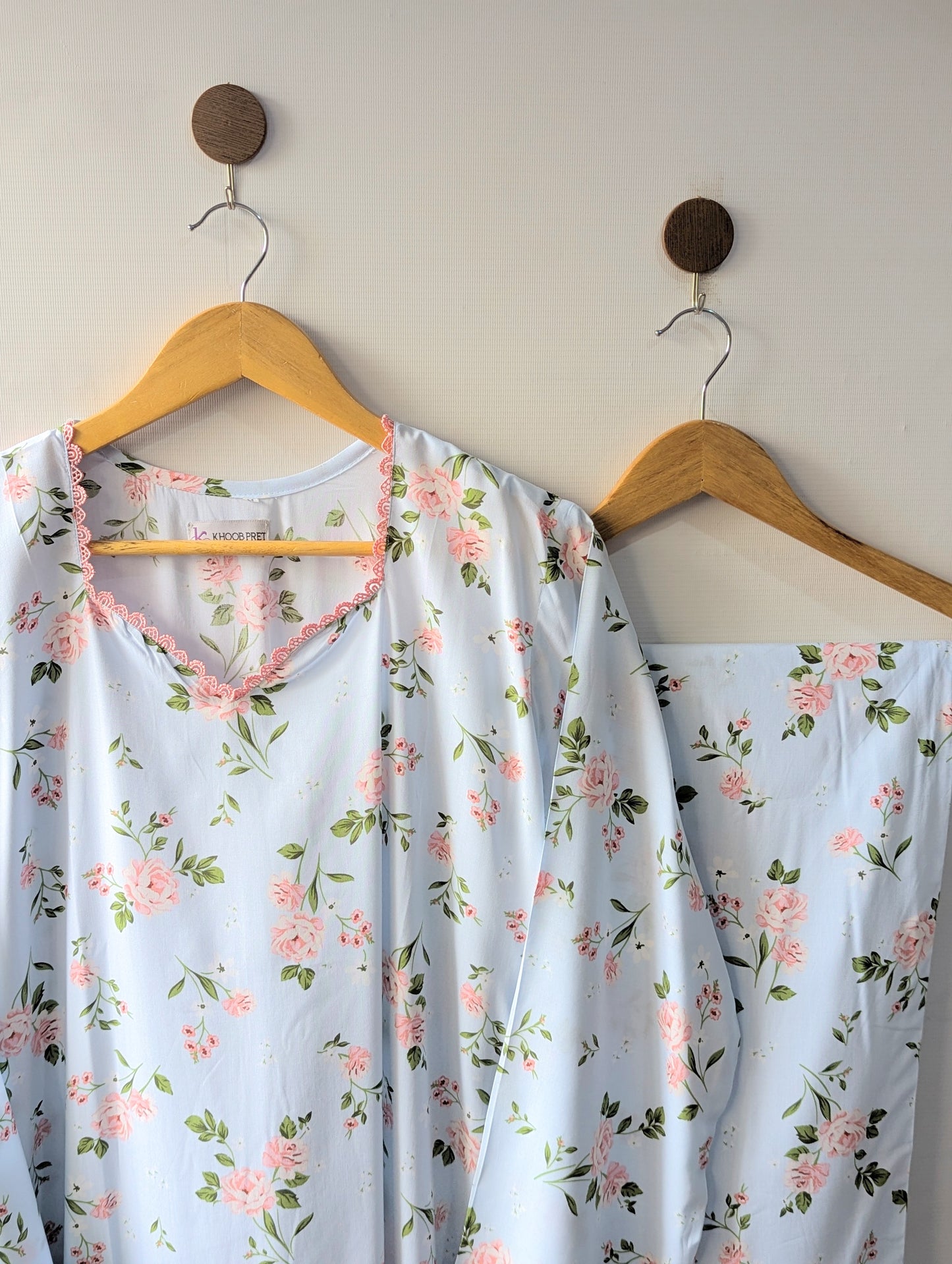 Sky & Pink Petals Linen Stitched 2pc