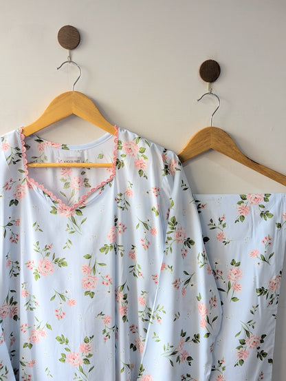 Sky & Pink Petals Linen Stitched 2pc