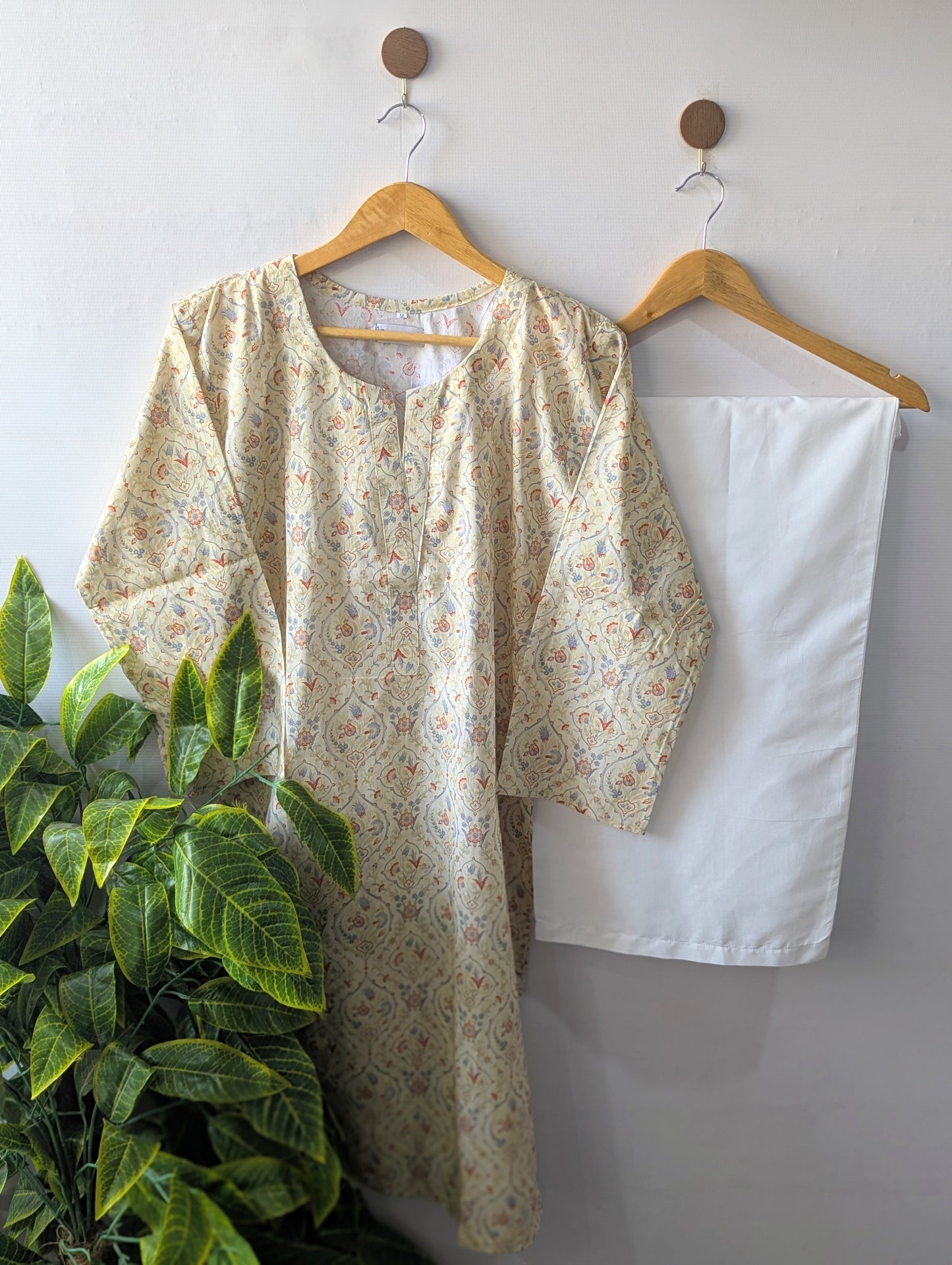 Cream Floral & White Wide Leg Plazo - 2pcs