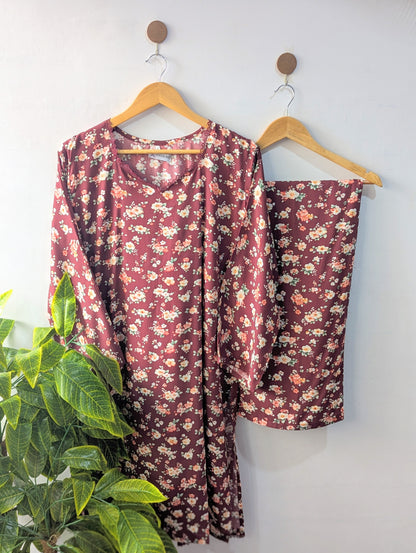 Maroon Petals Linen Stitched 2pc