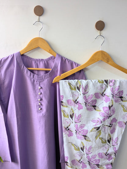 Lilac & White Floral Lawn Farshi Set - 2pcs