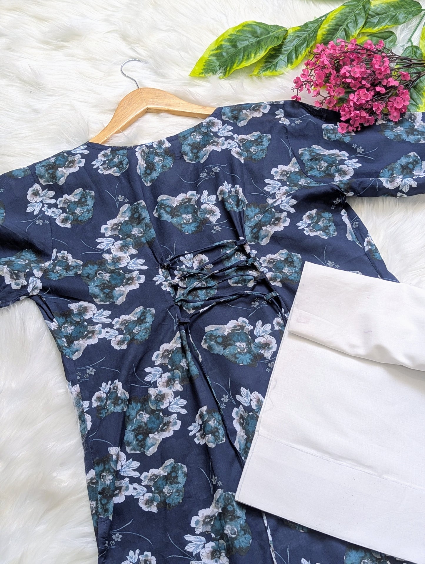 Navy Floral Lawn Farshi Set - Corset Back - 2pcs
