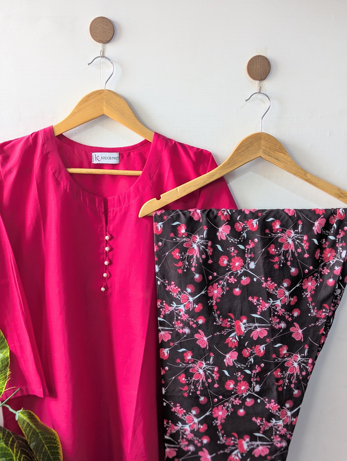 Shocking Pink & Floral Lawn Farshi Set - 2pc
