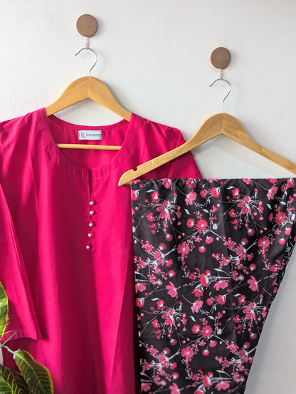Shocking Pink & Floral Lawn Farshi Set - 2pc