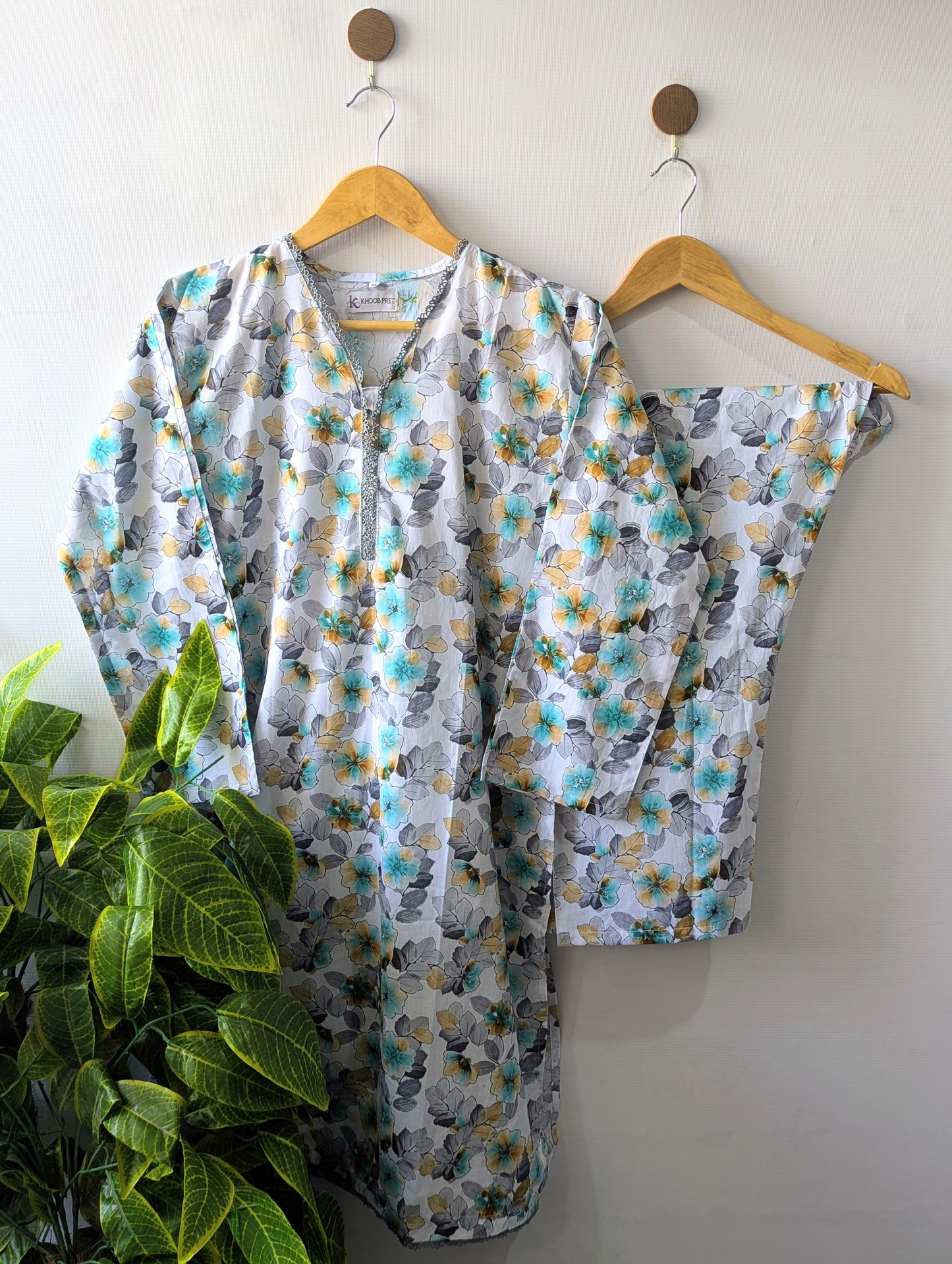White & Sea Blue Lawn Stitched 2pc