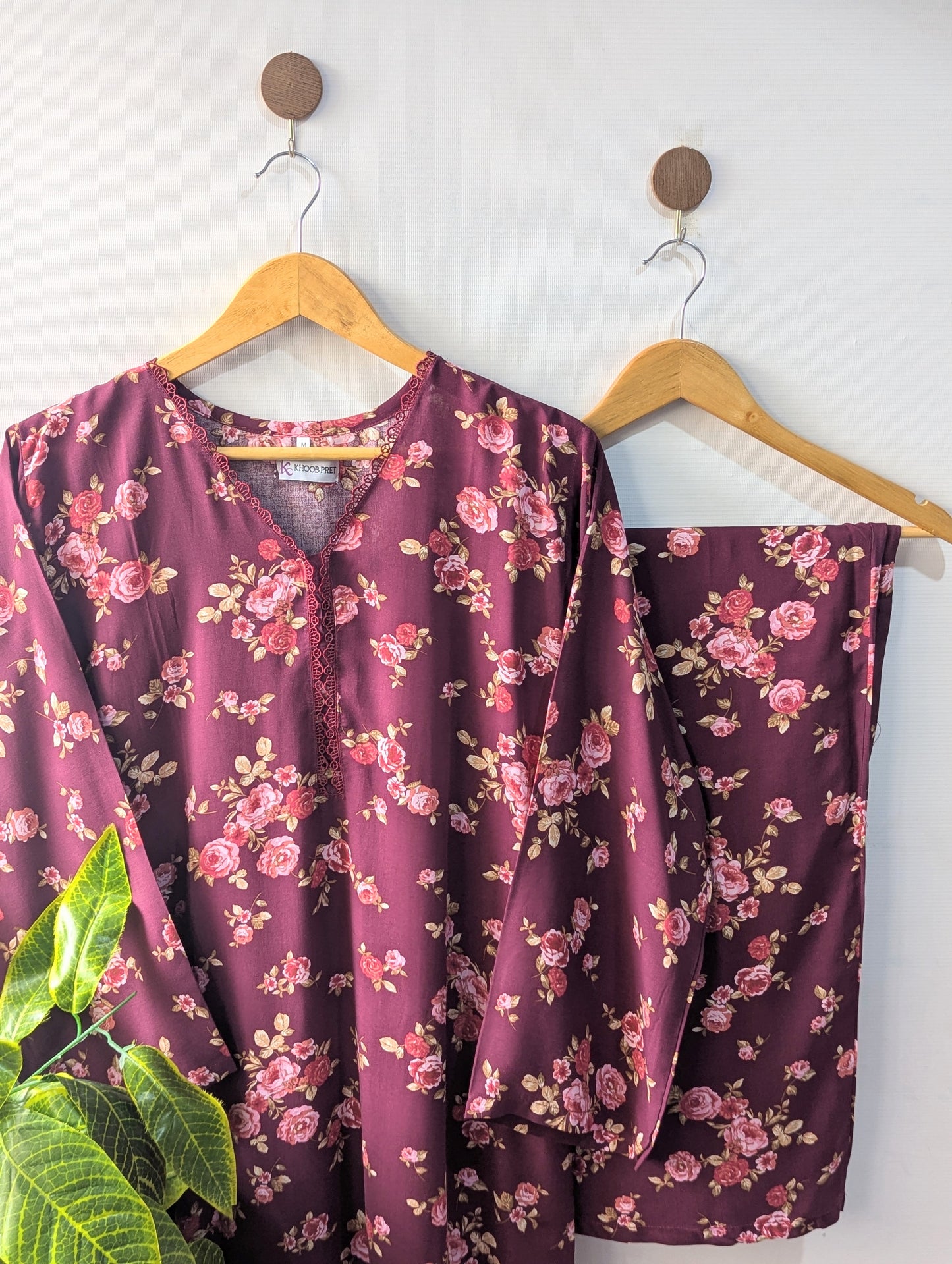 Burgundy Florals Linen Stitched 2pc