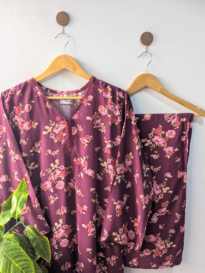 Burgundy Florals Linen Stitched 2pc