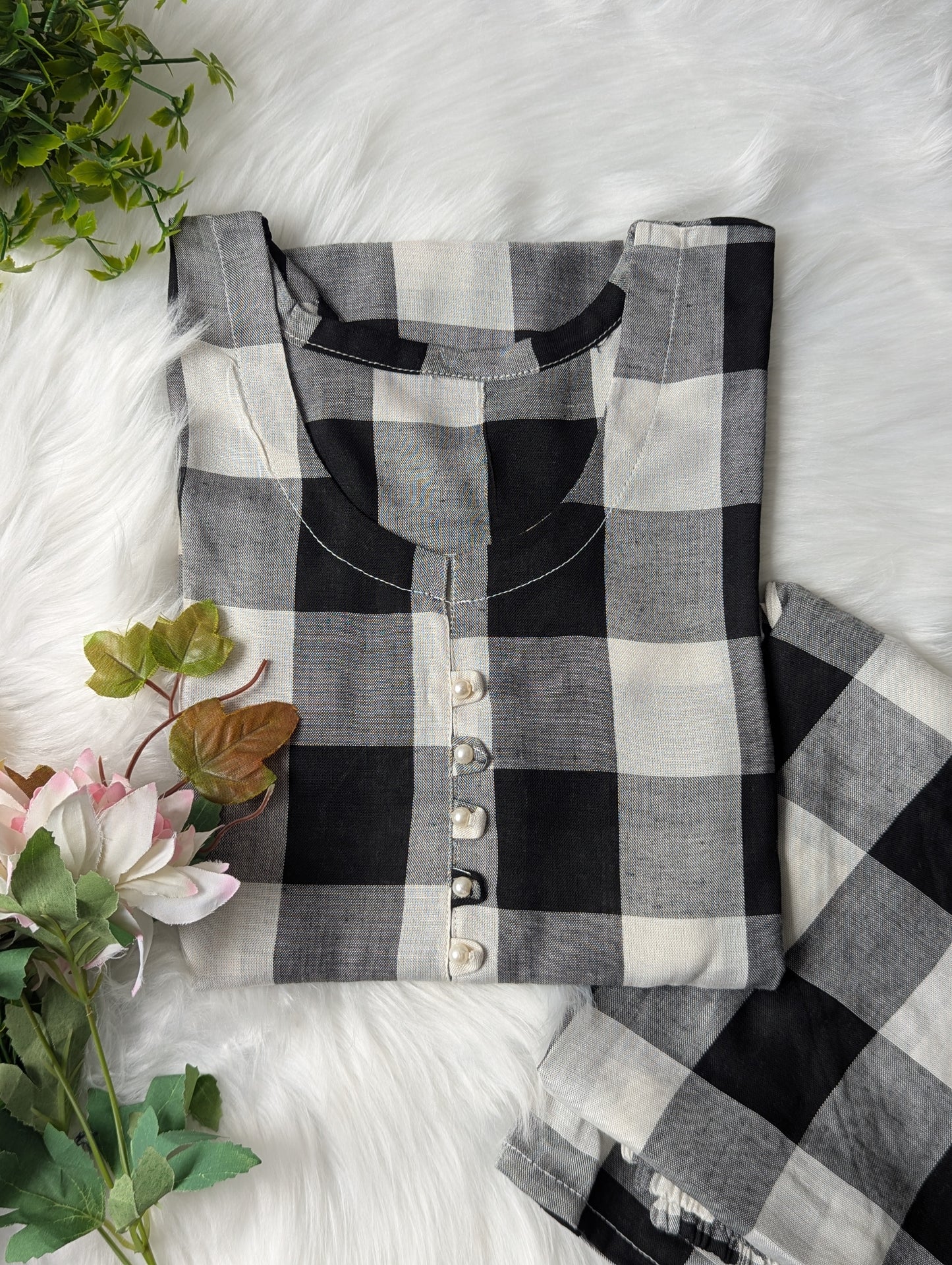 White & Grey Checks Linen 2pc Dress