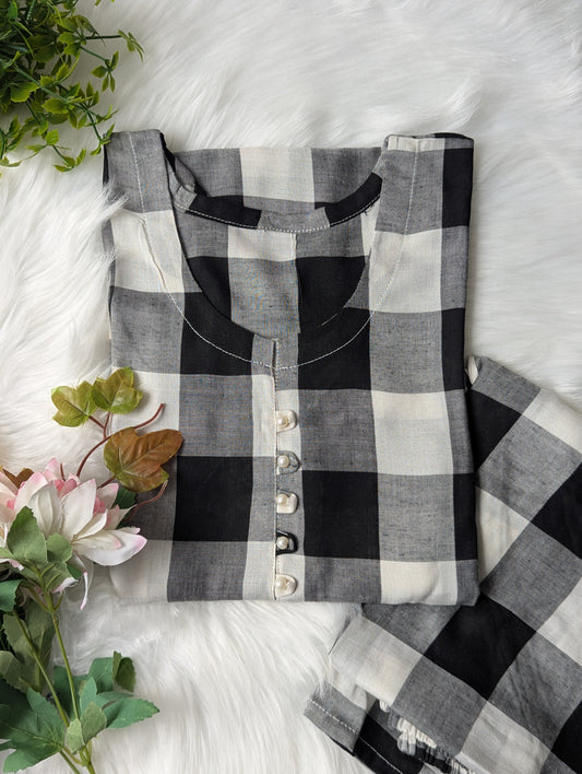 White & Grey Checks Linen 2pc Dress
