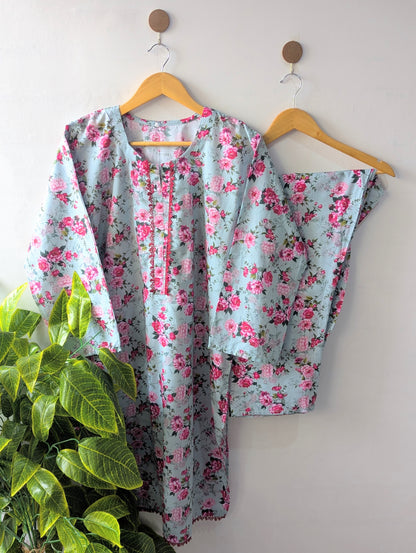 Sky & Pink Floral Lawn Stitched 2pc