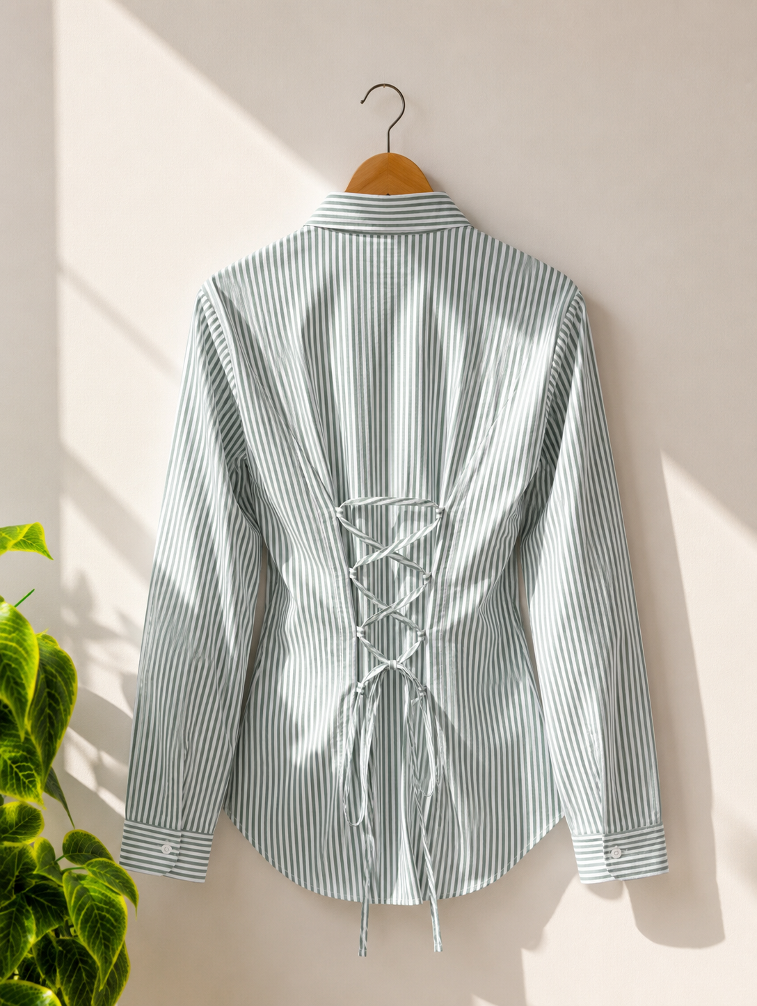 Green Striped Corset Back Shirt