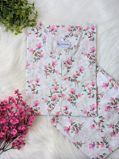 White & Pink Petals Lawn Stitched 2pc