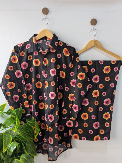 Black Florals Lawn Button Down Co-ord