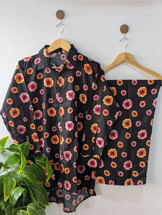 Black Florals Lawn Button Down Co-ord