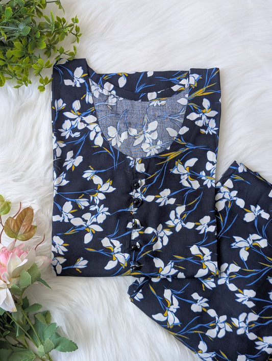 Navy Petals Linen 2pc Dress