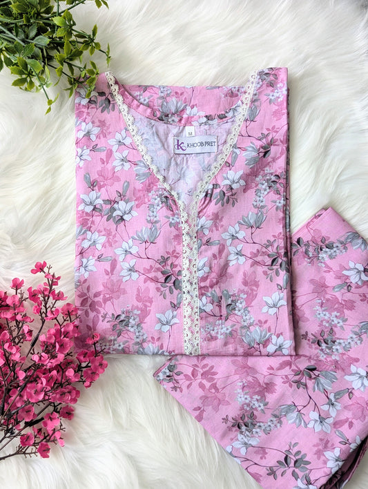 Baby Pink Petals Lawn Stitched 2pc