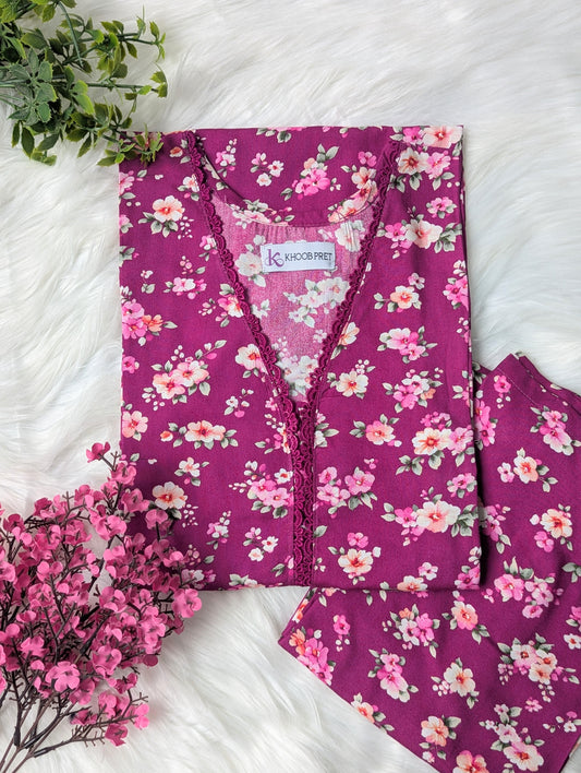 Magenta Petals Linen Stitched 2pc