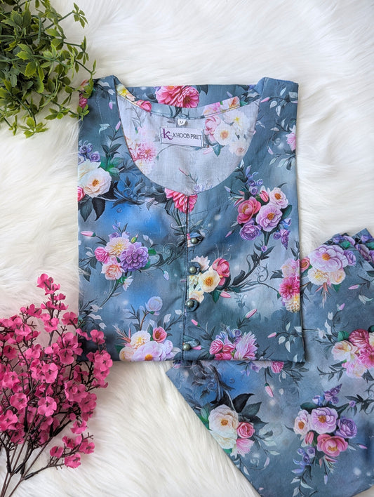 Blue Florals Lawn Stitched 2pc