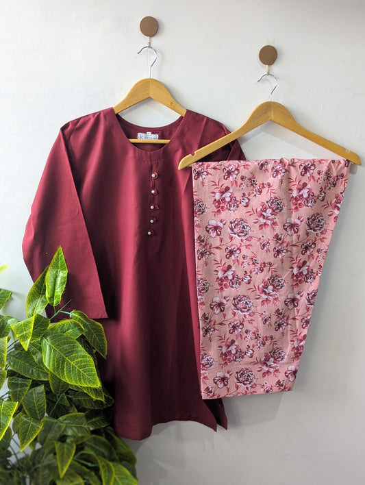 Maroon & Pink Floral Lawn Farshi Set - 2pcs