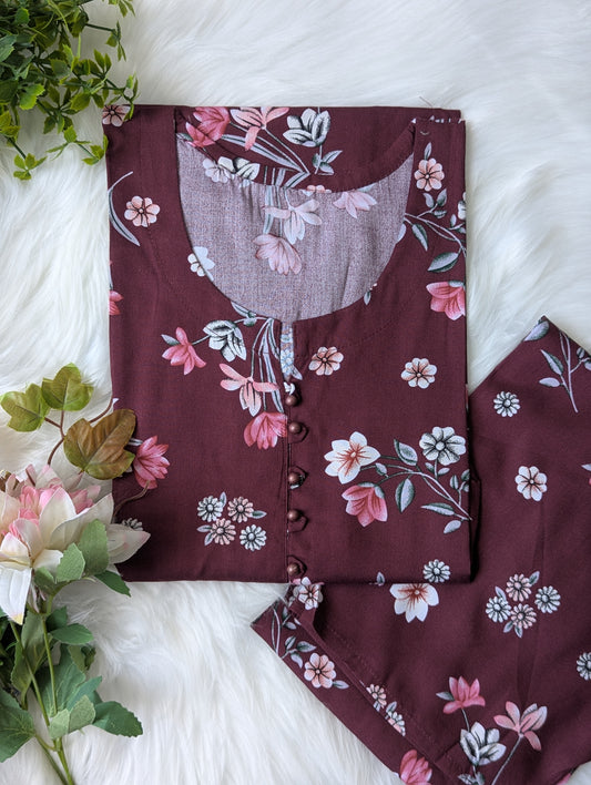 Burgandy Florals Linen 2pc Dress