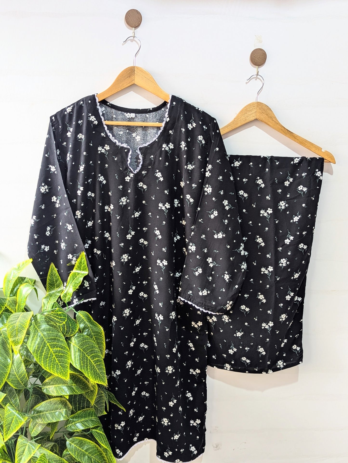 Black Florals Linen Stitched 2pc