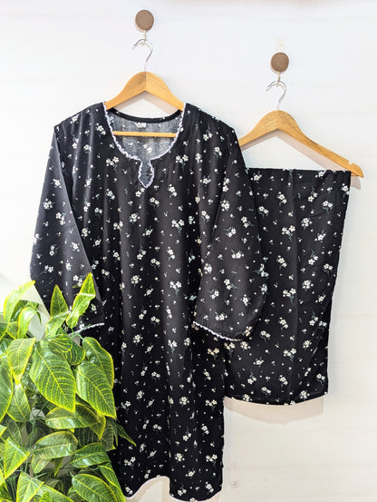 Black Florals Linen Stitched 2pc