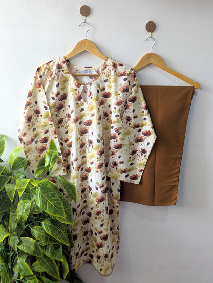 Beige Petals & Mustard Wide Leg Plazo - 2pcs