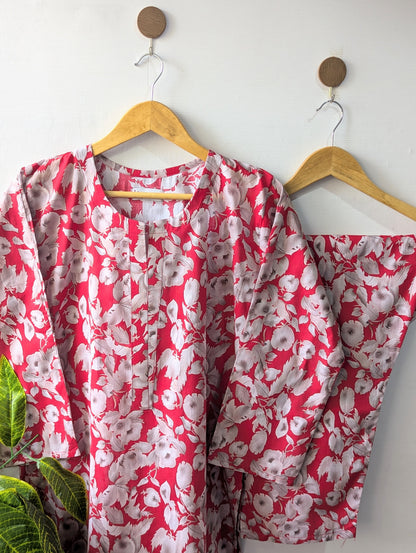 Red & White Florals Lawn Stitched 2pc