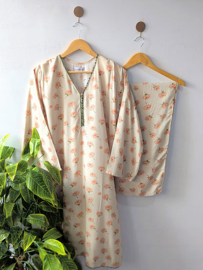 Creamy Petals Linen Stitched 2pc