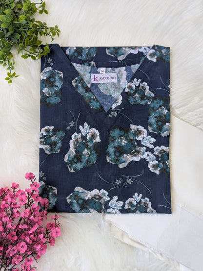 Navy Floral Lawn Farshi Set - Corset Back - 2pcs