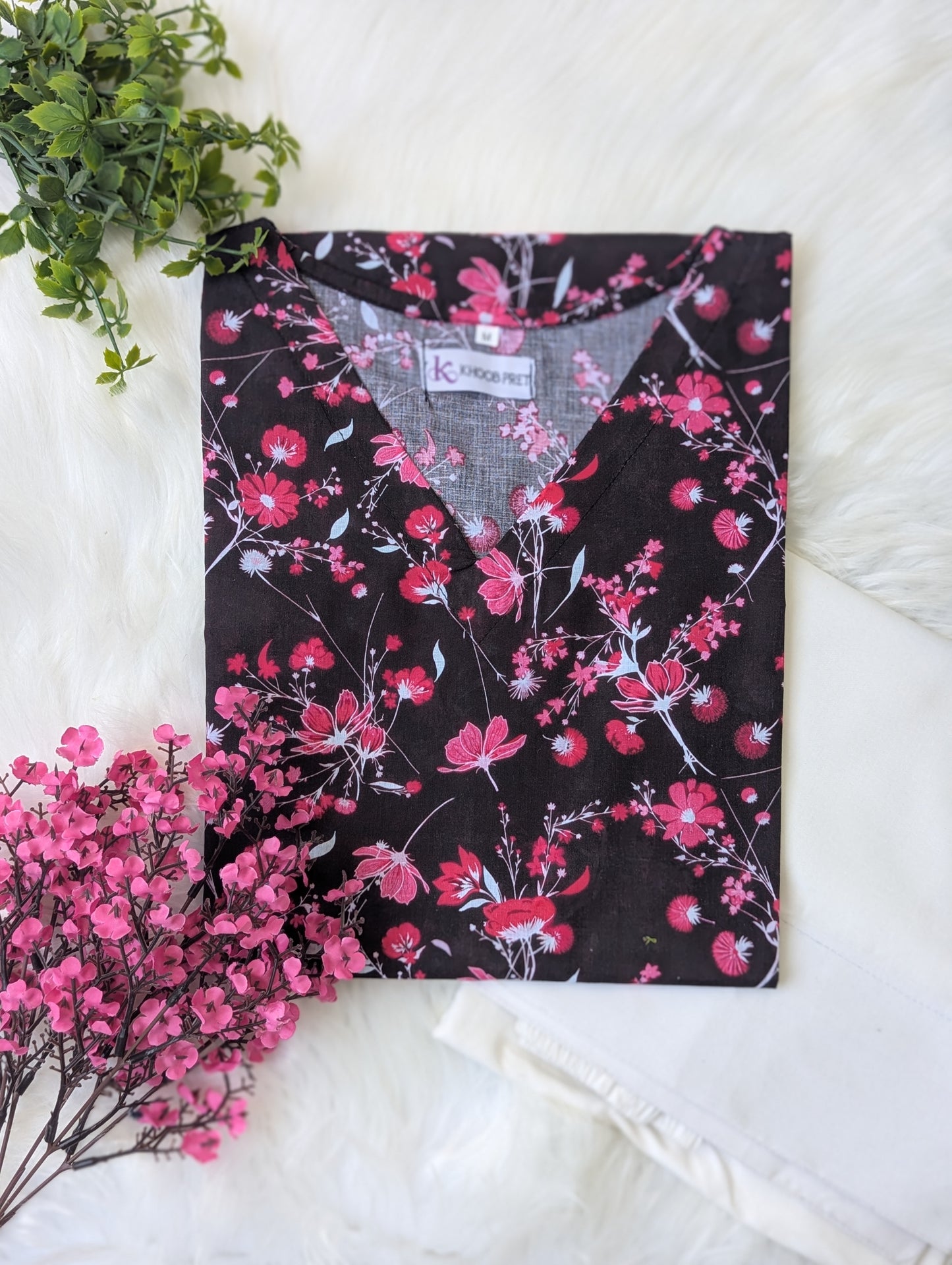 Black Floral Lawn Farshi Set - Corset Back - 2pcs