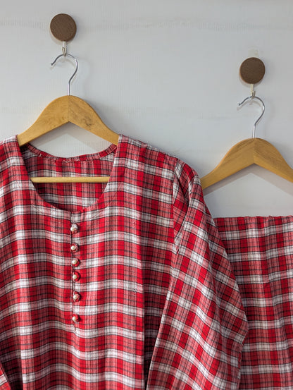 Red Checks Linen 2pc Dress
