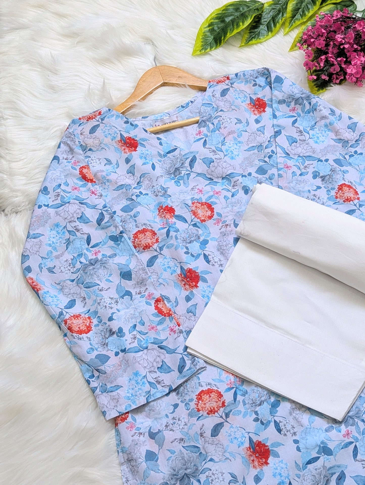 Sea Blue Floral Lawn Farshi Set - Corset Back - 2pcs