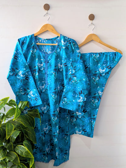 Aqua Petals Lawn 2pc Co-ord Set