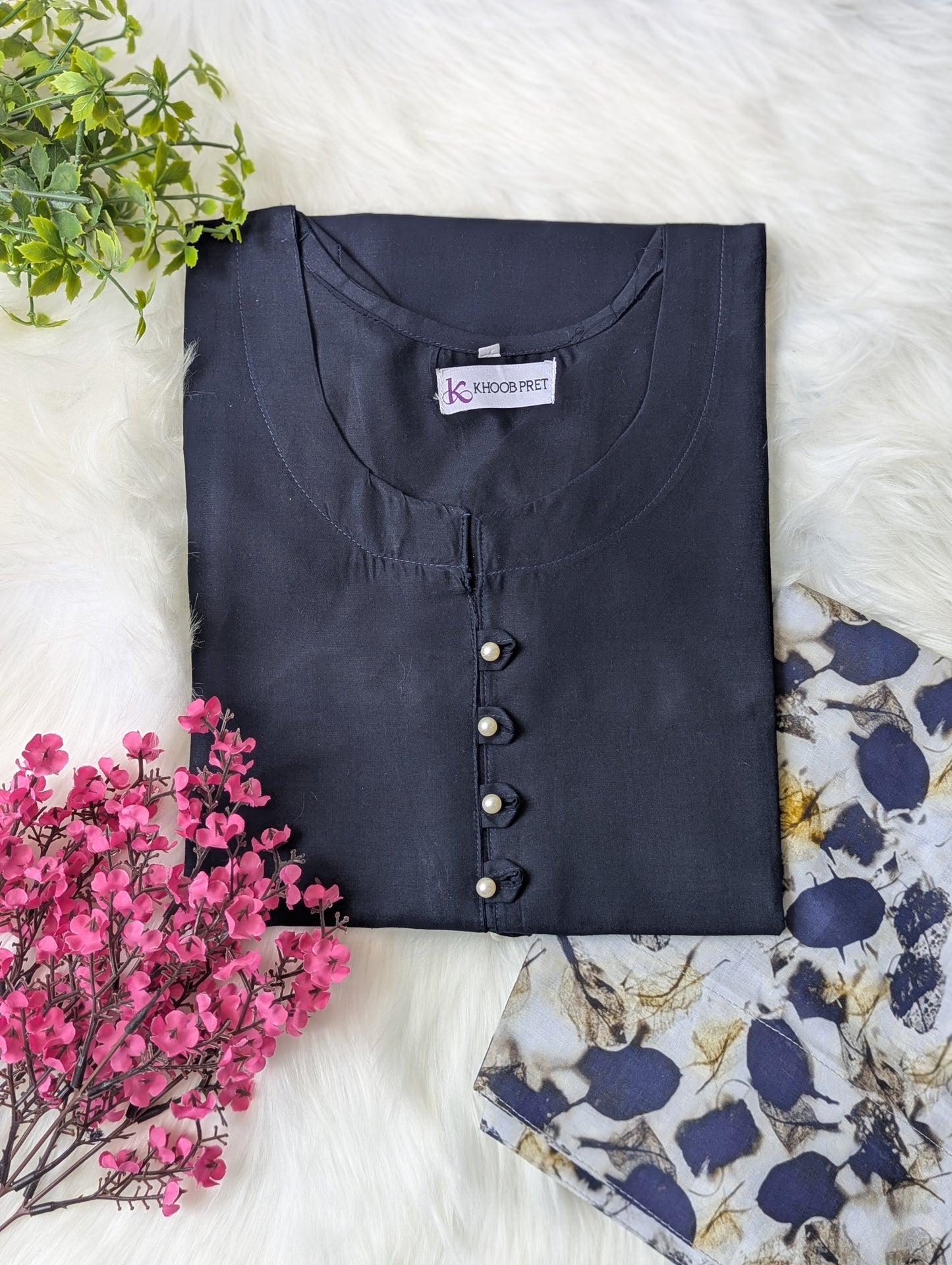 Navy & White Floral Lawn Farshi Set - 2pcs