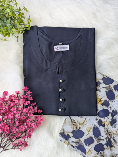 Navy & White Floral Lawn Farshi Set - 2pcs