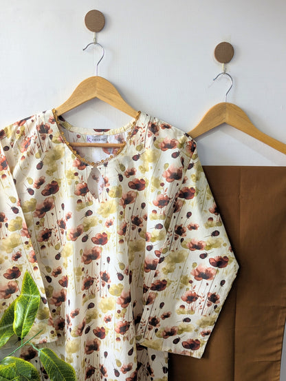 Beige Petals & Mustard Wide Leg Plazo - 2pcs