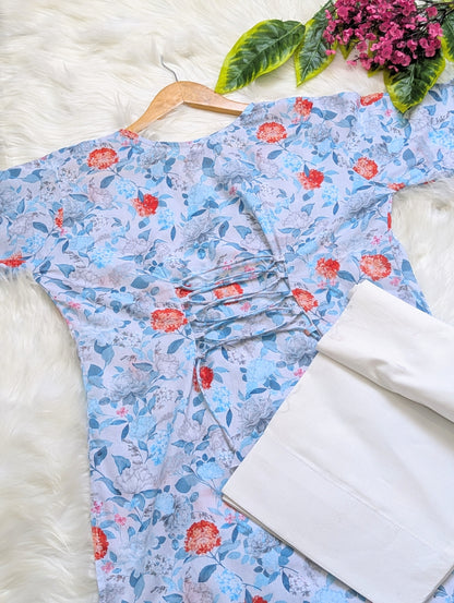 Sea Blue Floral Lawn Farshi Set - Corset Back - 2pcs