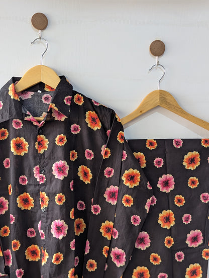 Black Florals Lawn Button Down Co-ord