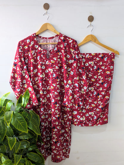 Maroon Petals Linen Stitched 2pc