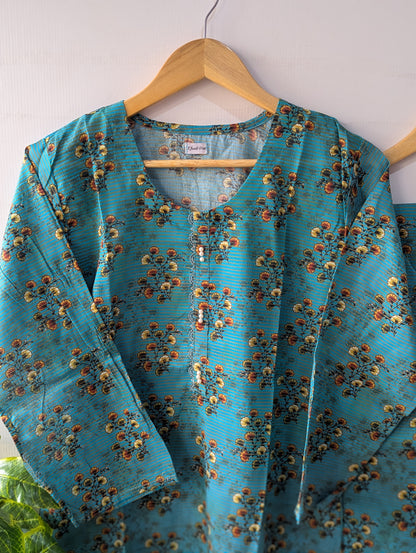 Teal Blue Florals lawn 2pc Co-ord set