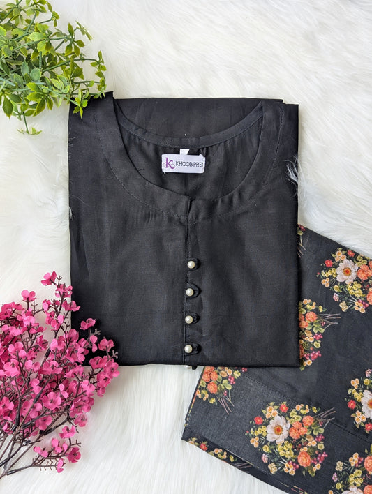 Solid & Black Floral Lawn Farshi Set - 2pcs