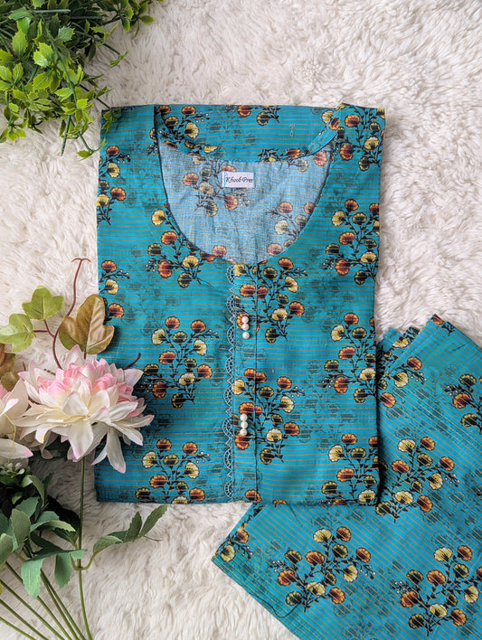 Teal Blue Florals lawn 2pc Co-ord set