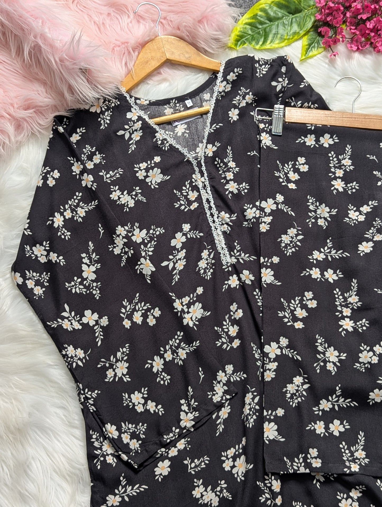 Black Petals Linen Stitched 2pc