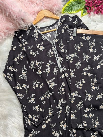 Black Petals Linen Stitched 2pc
