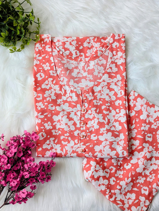 Red Florals Linen Stitched 2pc Dress